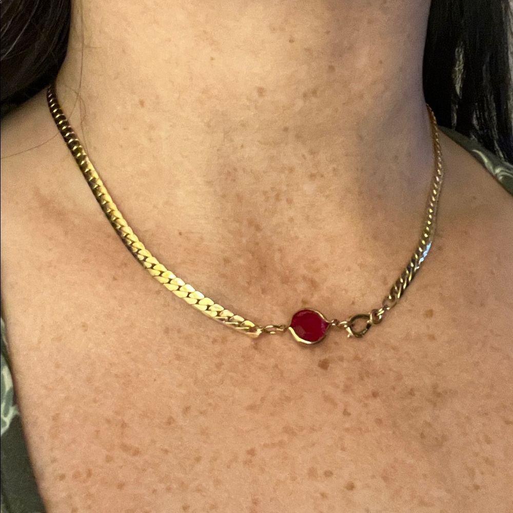 Gold Curblink Chain Necklace with Red Glass Accent